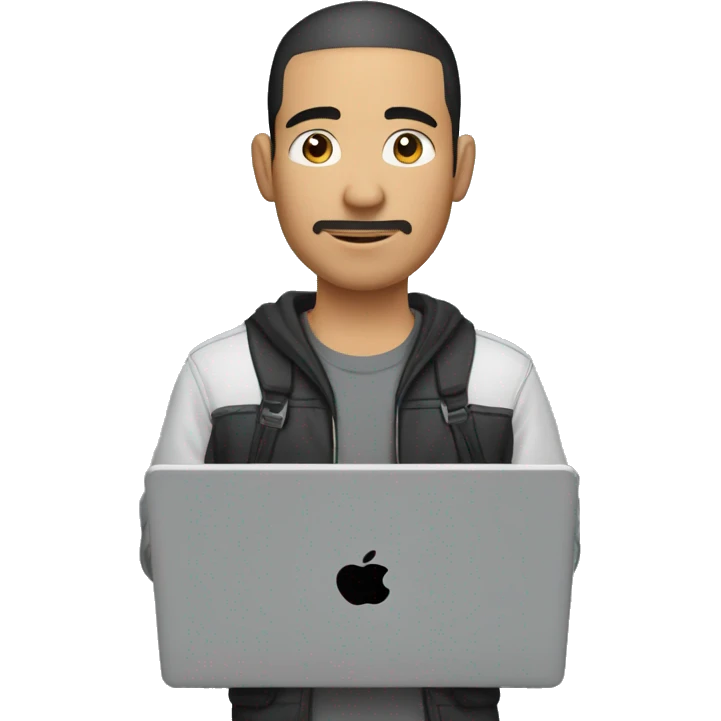 mexican man buzz cut hair with black stubble and black eyes in casual clothes, holding laptop. emoji