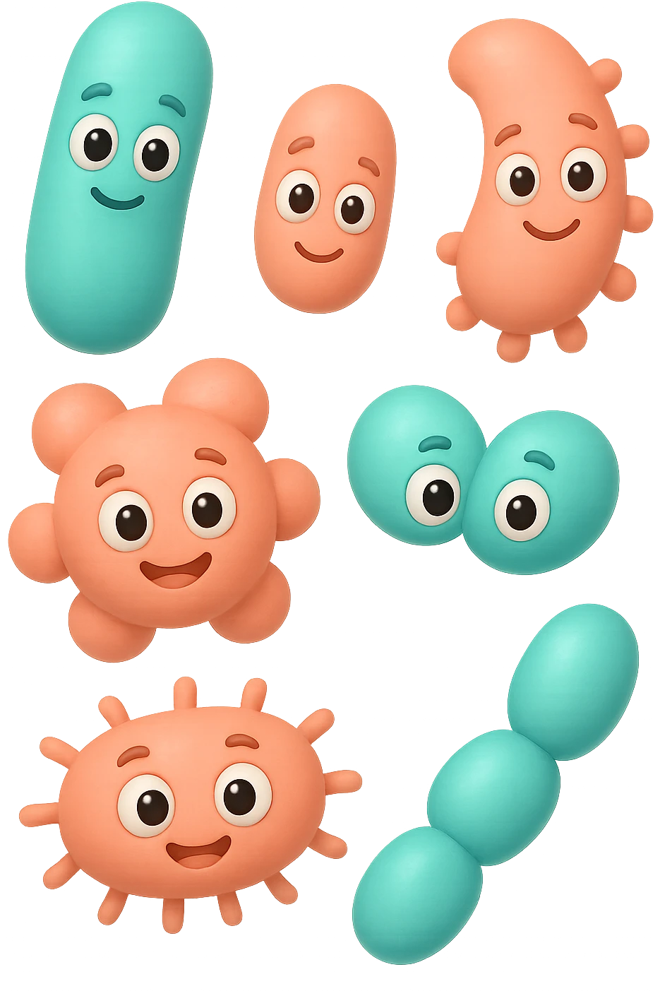 EMOJI STILE IPHONE DI 6 SPECIE DI BATTERI INTESTINALI ROSA SALMONE E TURCHESI DIVERSI TRA LORO PER FORMA, FLUTTUANO IN ARIA, IPERREALISTICO 4K emoji