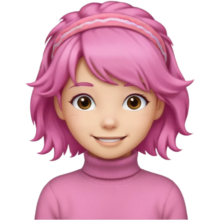 brown fluffy haired girl with pink turtleneck sweater and pink hair band emoji