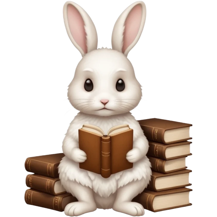 White rabbit sitting horizontally in a natural position on 4 legs, without a book.  There are 3 books nearby. books lie on top of each other other in brown tones

 emoji