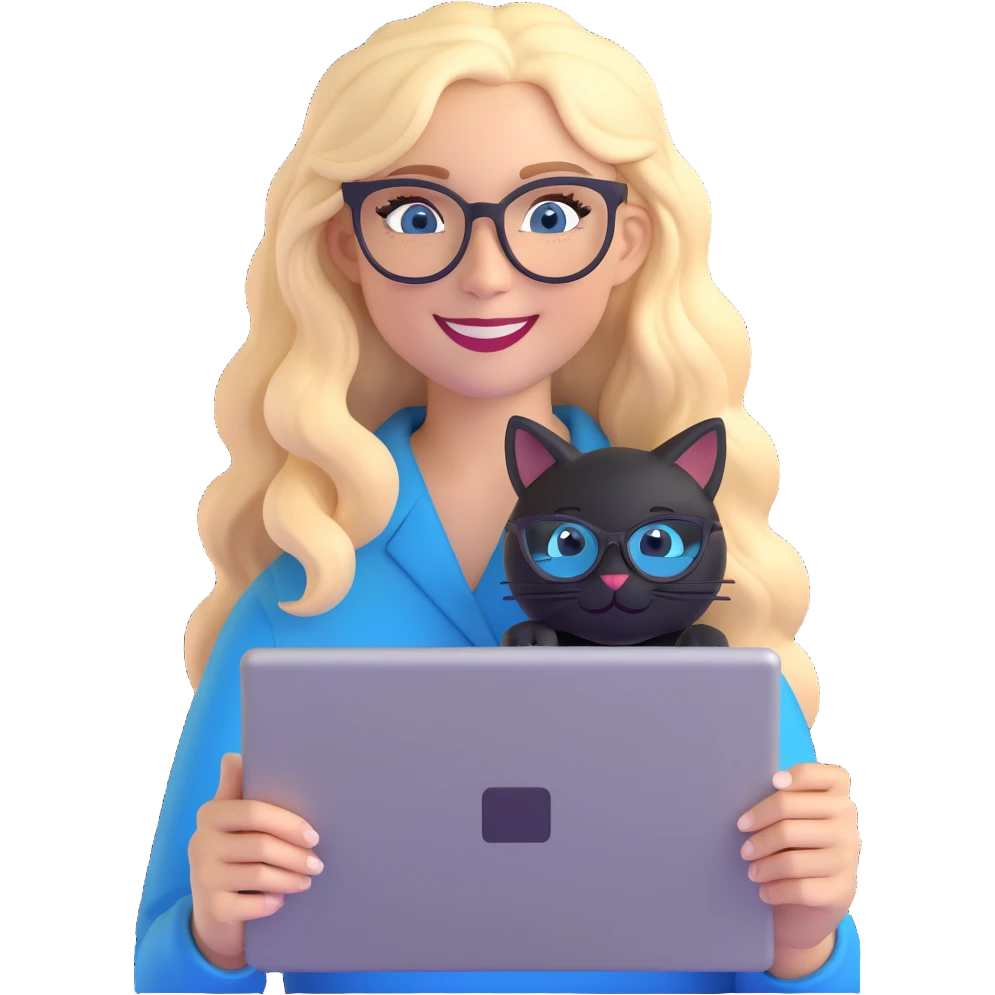 a blonde woman with long hair and blue eyes in black cat-eye glasses, smiling while holding a graphic tablet emoji
