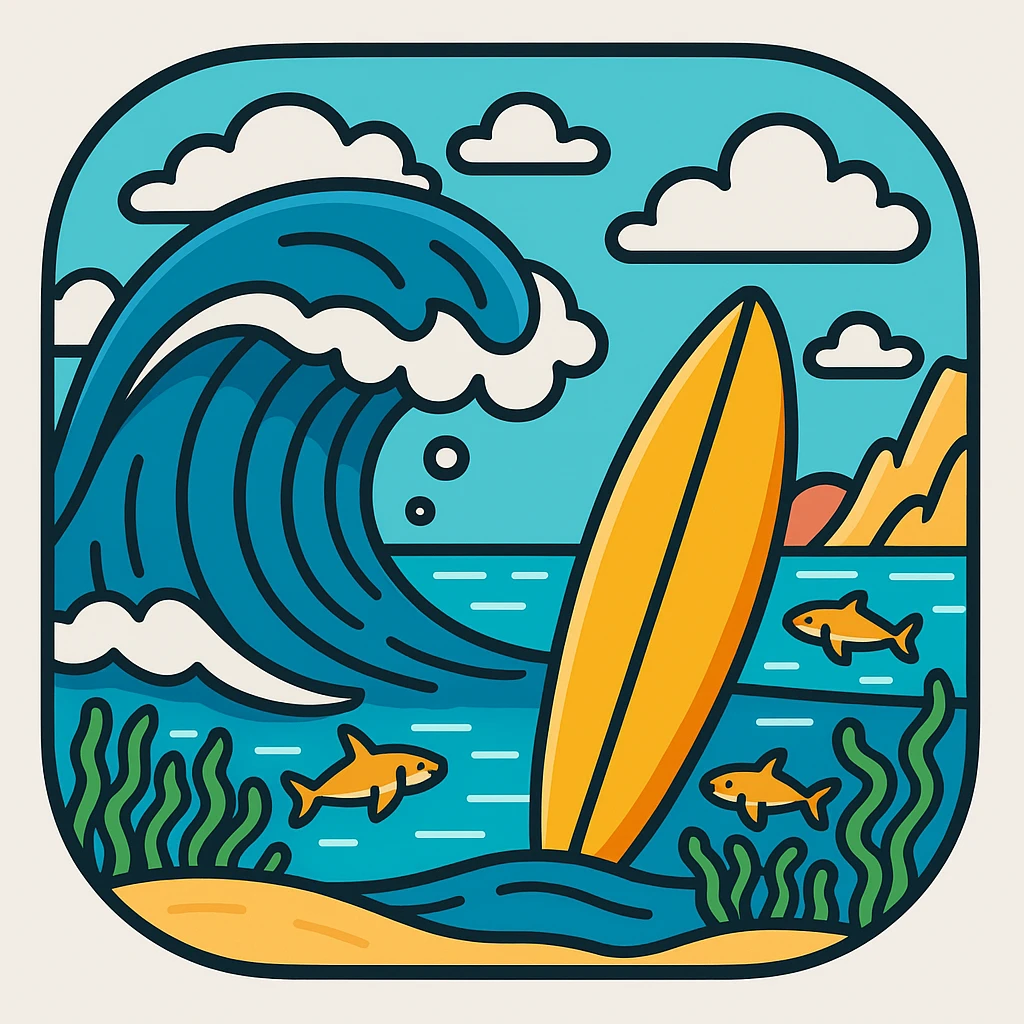 Add a cartoon ocean wave background behind the surfboard, matching the sticker style. The style should resemble cartoonish stickers with bold outlines and simple colors, playful and fun. emoji
