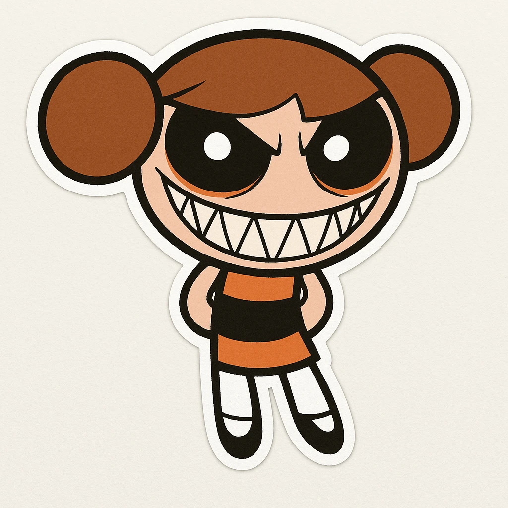 Make this character scary with a sinister grin, keep the original cartoon style and quality. emoji