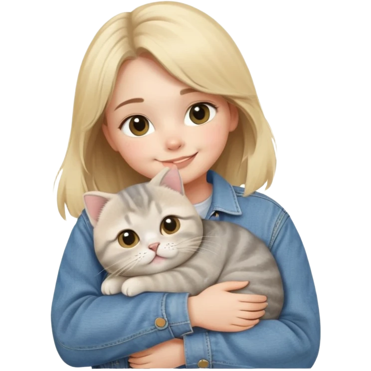 blonde girl in denim jacket huddle a fat gray Scottish fold cat smiley eye and love in the air emoji