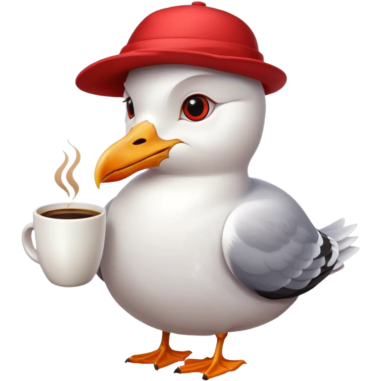 Seagull in cotton red hat with a cup on coffee emoji