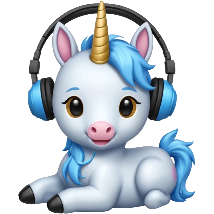Unicornio bebé azul sentado escuchando música con auriculares negros emoji