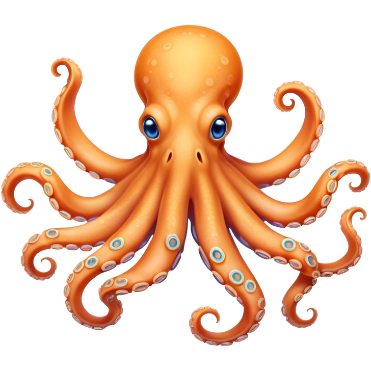 Cinematic Noble smiling Octopus Portrait Emoji, Poised and enchanting, with a light orange body adorned with vibrant blue rings and eight delightfully curling arms with gentle suckers, large sparkling eyes exuding warmth and playfulness, Simplified yet charmingly expressive features, highly detailed, glowing with a soft, magical underwater radiance, high shine, intelligent and irresistibly cute, stylized with an air of whimsical marine enchantment, focused and fluid, soft glowing outline, capturing the essence of a watchful and endearing octopus that appears ready to float out of the screen with delightful charm! emoji