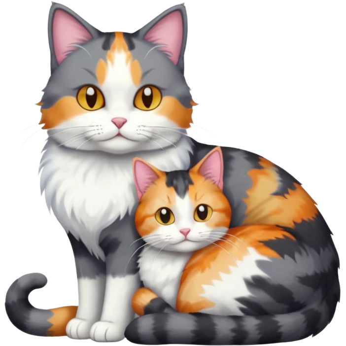 full body large dark grey and white cat cuddling a colourful light patched calico + white tabby cat  emoji