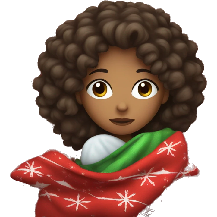 Girl with dark brown curly hair sleeping with Christmas blanket emoji