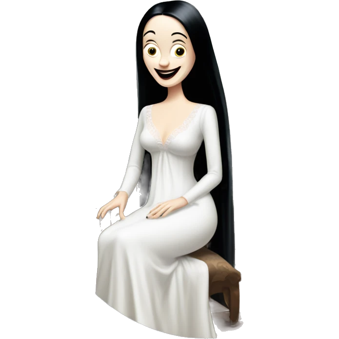 Morticia Addams at home. Smiling. Filmy nightgown . Very Pale-white porcelain skin.  emoji