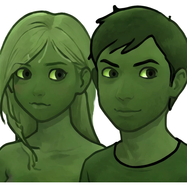 Smiling couple of blonde girl with long hair green eyes and boy with short black hair and green eyes emoji