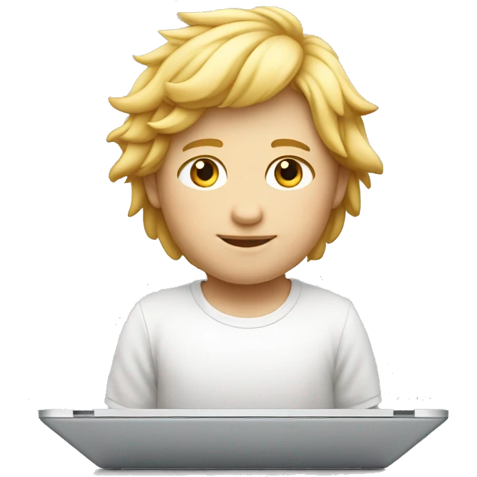 Niño de piel blanca pelo rubio y laptop marca apple emoji