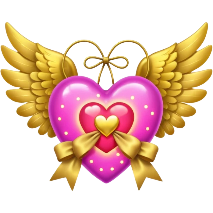 neon heart with a gold bow with heart pattern on the bow, with wings emoji