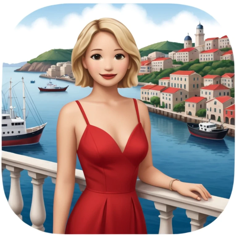 jennifer lawrence, red dress leaning on a balcony with a harbor and cityscape in the background, smiling, closeup emoji