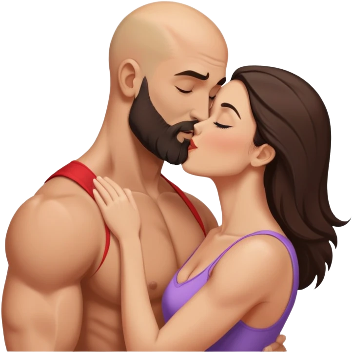 Muscular Bald man with a beard passionately kissing his young fit brunette wife  emoji