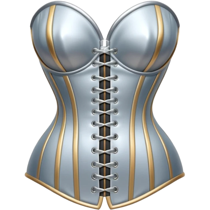 A luxury corset emoji made of silver chrome, smooth metallic curves, minimal fashion silhouette, glossy reflections, sensual high-end aesthetic, iOS emoji style, centered, clean white background emoji