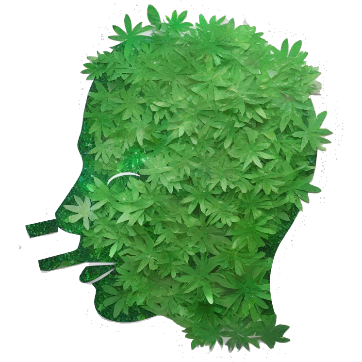 Person face portrait smoking chill made entirely of holographic paper cuttings holographic vinyls and 420 leaves and green flowers, holographic emoji