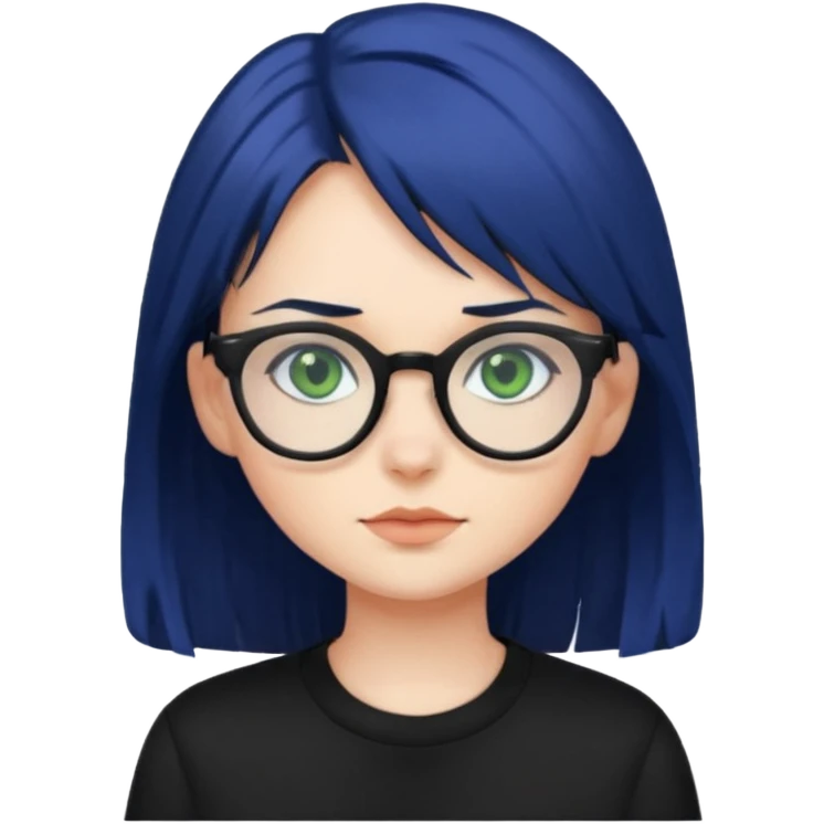 A girl with dark blue hair, glasses and green eyes, wearing black clothes  emoji
