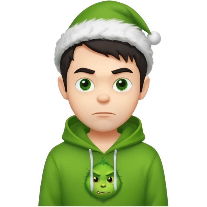 Create an avatar of white European with dark hair  male in hoodie with ``BST`` letters on it. Make background to look like from movie Grinch emoji