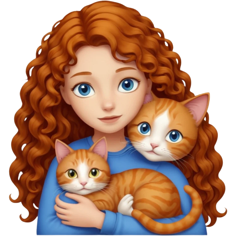 A girl with long curly chestnut hair and blue eyes is hugging a ginger cat who is looking at her with love. The cat has yellow eyes. emoji