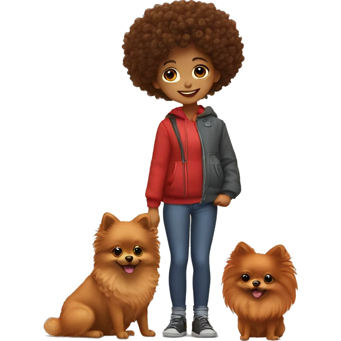 A girl with curly hair holds a red pomeranian emoji