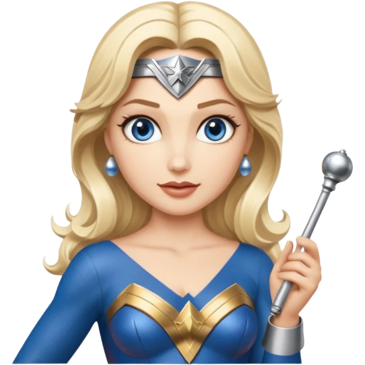 Blonde blue eyes Wonder Woman holding bell and short white orchestra conductor’s baton  emoji