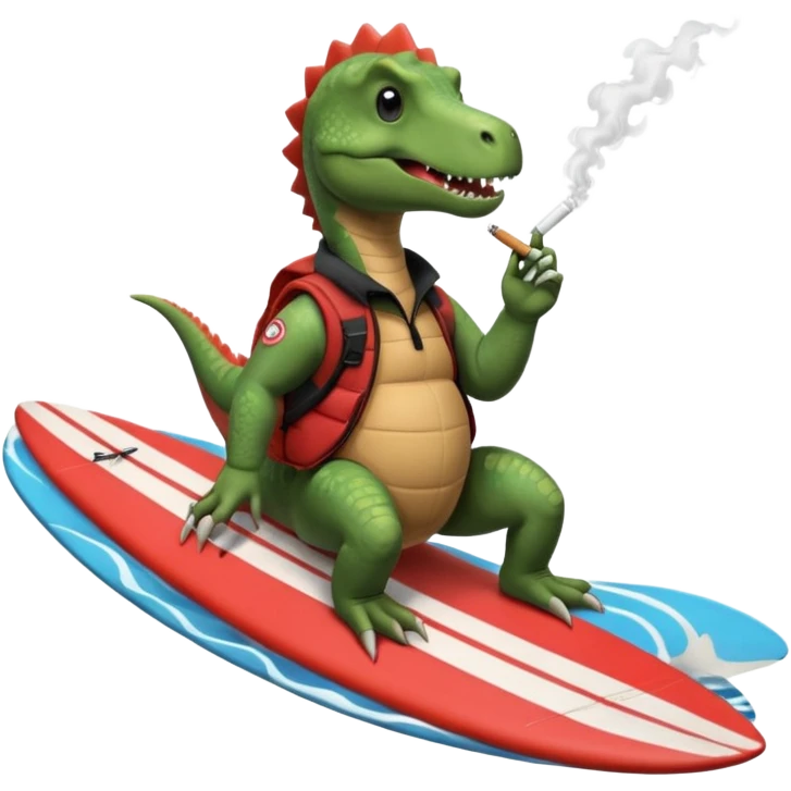 dinosual smokig a ciggerett while surfing wearing canada goose  emoji