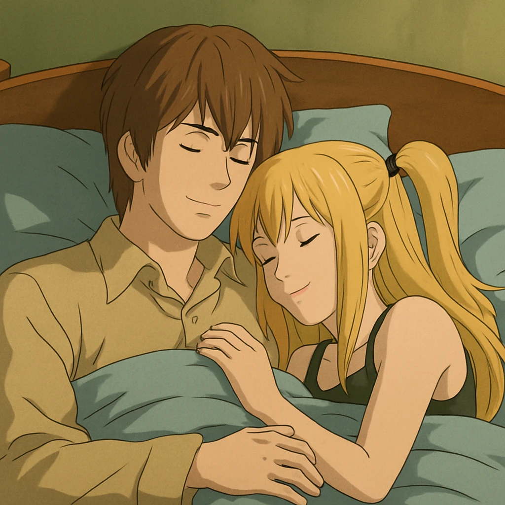 Light Yagami and Misa Amane lying together in a bed, soft atmosphere, ghibli style emoji