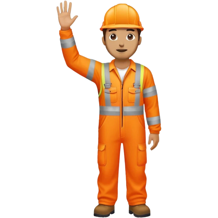 man standing facing away, wearing orange hi visibility overalls  with one arm raised emoji