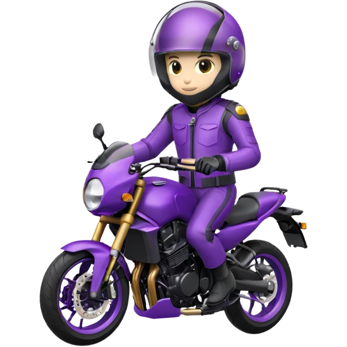 Créer un emoji avec une moto mt07 sport noir mate / violet iridescent très foncé. Avec une pilote dessus visière violet sombre faceless, bulle de la moto violet. Avec fond arrière violet, tenue complète casque inclus violet  emoji
