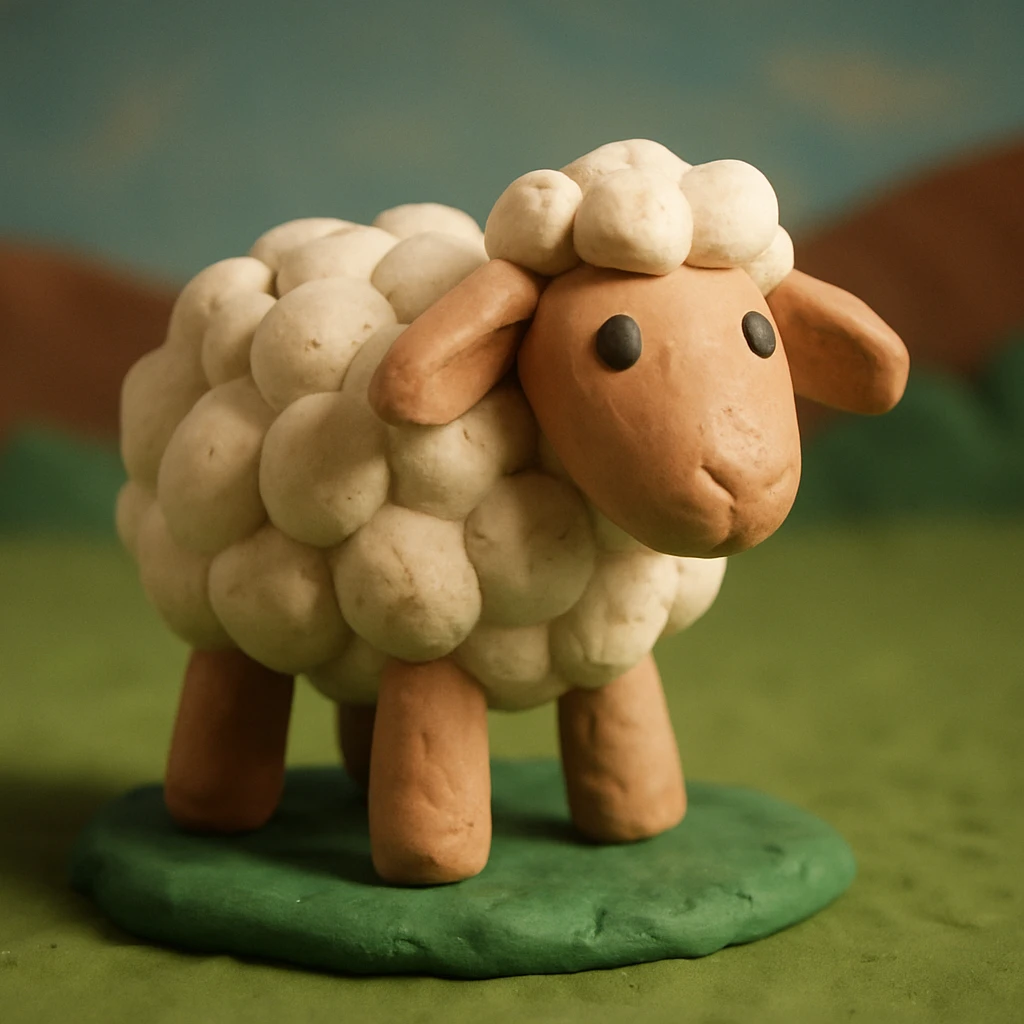 fluffy sheep standing on green grass, visible fingerprints, matte plasticine look, claymation style emoji