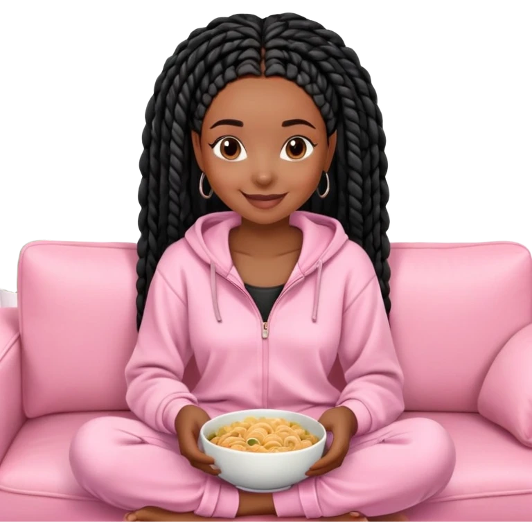A dark-brown-skinned Black woman with black box braids, sitting on a pink couch, holding a bowl of pasta with a fork, smiling. She’s wearing casual, comfy loungewear, relaxed in a cozy setting. emoji