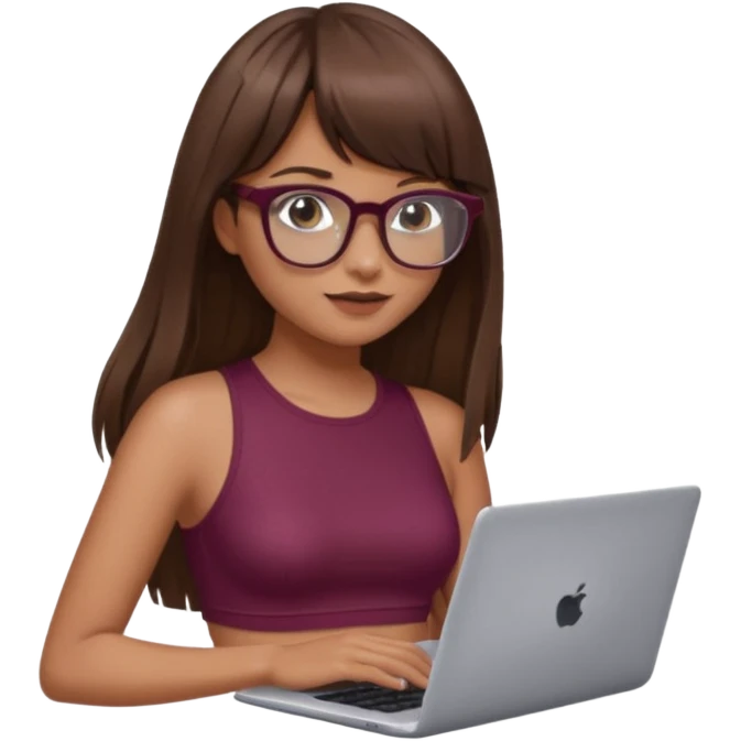 Una chica con cabello súper largo con flequillo color marrón y gafas con estilo de periodista súper top, también agrega una lapso en sus manos, también que su vestimenta sea un crop top color vino emoji