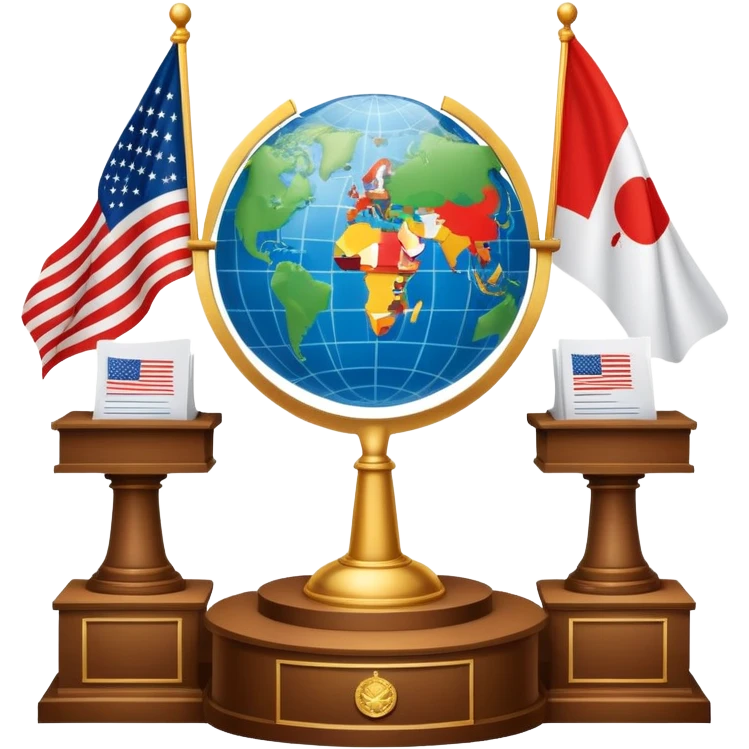 icon featuring podium with a speaker, national flags, and voting ballots, symbolizing political science. The design includes a globe and scales of justice in the background, representing governance, global affairs, and political theory. Transparent background emphasizes civic engagement and policy. emoji