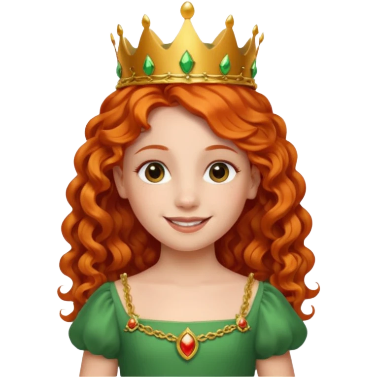 girl kid, Princess with long curly red orange hair, green dress, small crown emoji