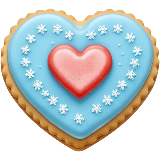 Realistic shortbread cookie in the shape of a heart with light blue jelly middle filling and sprinkled powder sugar on top. emoji