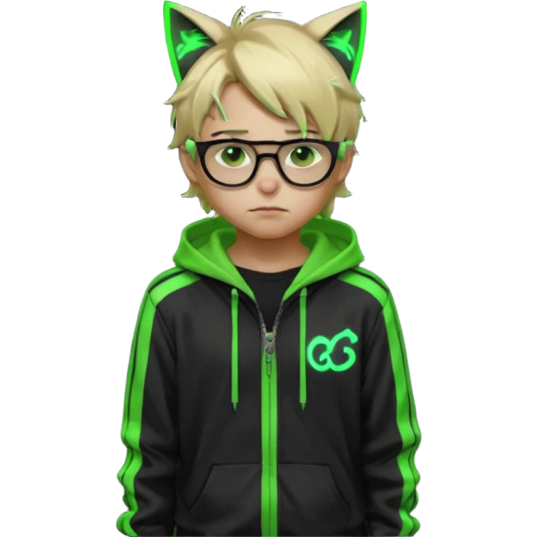 Light blond, slightly messy hair
Black glasses
A black hoodie with cat ears
Neon green details on the jacket and pants (glowing lines and stripes)
An overall hacker / cyberpunk style look
A neutral facial expression (boy )eyes brown) emoji