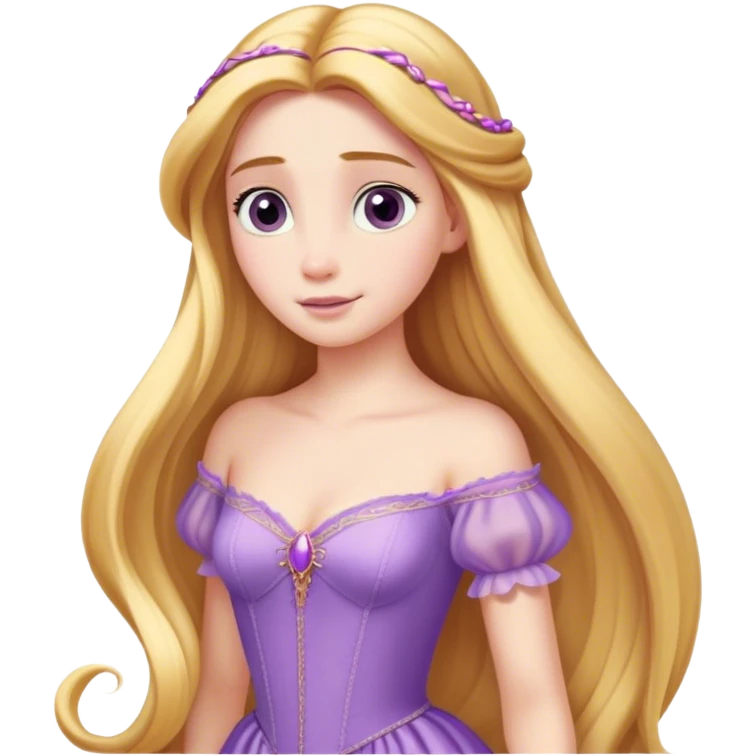 Cinematic Elegant Rapunzel Portrait Emoji, rendered in a realistic, vector-style with minimal shading and bold, simplified shapes. Depict Rapunzel (chest and above) with fair, porcelain skin, long, flowing golden hair cascading gracefully, and soft, gentle eyes, wearing her iconic light purple gown. The image glows with a soft, enchanting radiance and high shine, capturing timeless fairy-tale beauty. emoji