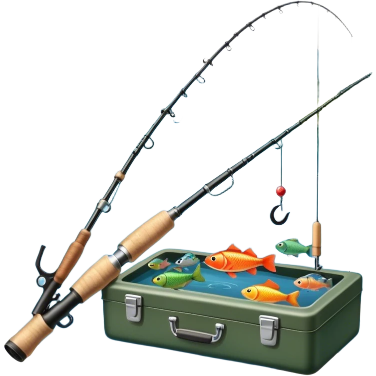 Icon for Fishing: a fishing rod with a line in the water, a tackle box, a fish on the hook, and a peaceful lake or river background. The icon should capture the calm and skill of fishing. Transparent background. emoji