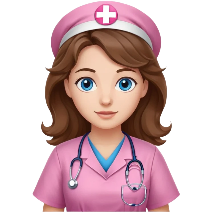 Nurse with wavy brown hair and blue eyes, pink tunic emoji