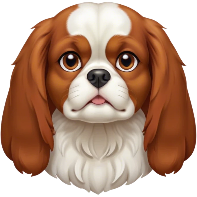 Cinematic Grumpy Blenheim Cavalier King Charles Spaniel Portrait Emoji, Head tilted slightly with a deeply unimpressed expression, thick Blenheim coat with pronounced chestnut and white markings, large, droopy brown eyes narrowed into an unamused glare, ears slightly drooping in exasperation, Simplified yet comically expressive features, highly detailed, glowing with a dry, sarcastic glow, high shine, effortlessly judgmental yet dignified, stylized with a touch of cynicism, bright but brooding, soft glowing outline, capturing the essence of an eternally unimpressed yet endearing companion, so lifelike it feels like it could sigh heavily at you in disdain at any moment! emoji