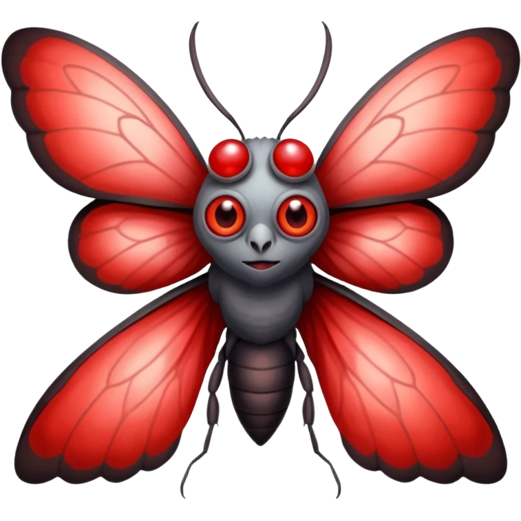 Create a scary emoji of the mothman with bright red eyes and as depicted in the legend. Make it less bird like and more Moth / Human hybrid- Human with Moth wings and Eyes emoji