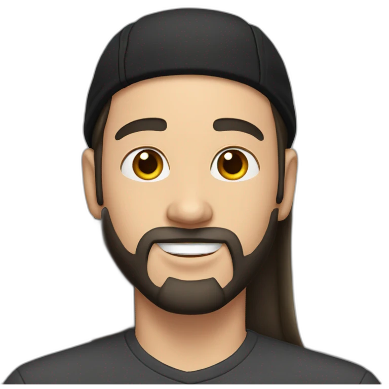 young white man with long hair, a black cap, earings and a black beard. emoji