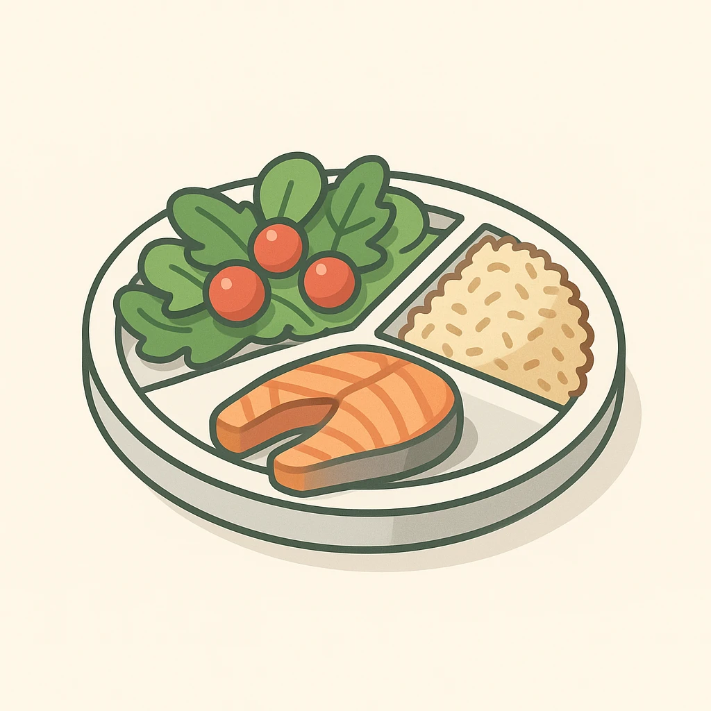 Harvard plate, half with salad leaves and cherry tomatoes, one quarter with grilled salmon steak protein, one quarter with brown rice complex carbs, 2D isometric illustration style emoji