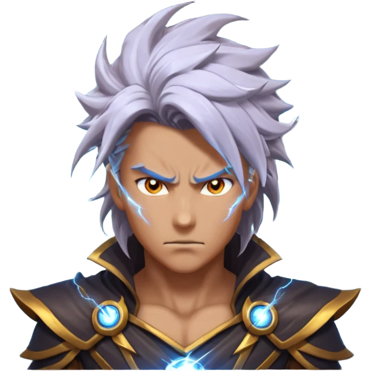 storm rider portrait, head and shoulders only, wind-swept hair, crackling lightning aura, storm clouds swirling behind, intense glowing eyes, epic fantasy vibe, 3D cartoon, mobile game icon style, clean background, no text, no watermark
 emoji