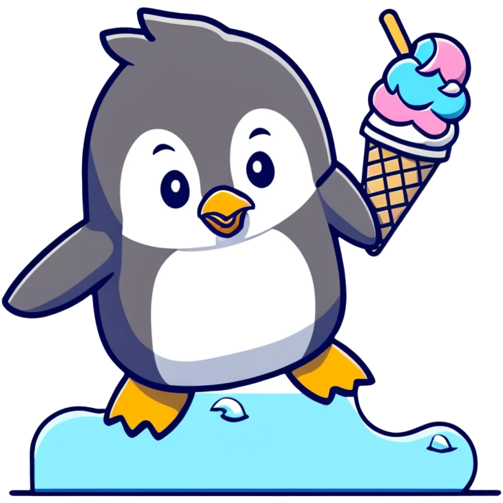Clumsy penguin slipping on ice with ice cream cone emoji