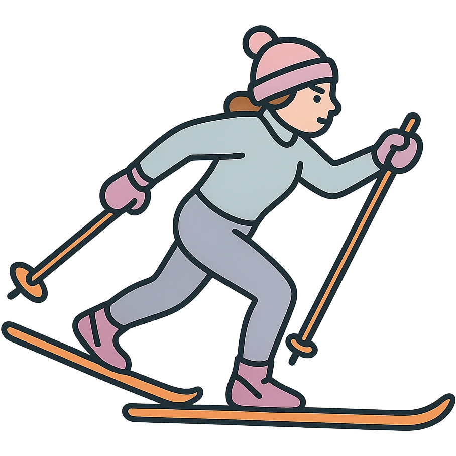 a skier skating on cross-country skis, dynamic pose, detailed shading, thin clean outlines, soft rounded features, pastel palette #98B5BC #B5B3C1 #C9A3C9 #E4C0CA #F7DCD1 #F7C0AA, Japanese pop art, sticker look, highly detailed, vector clarity, soft lighting, subtle shadows, transparent background emoji