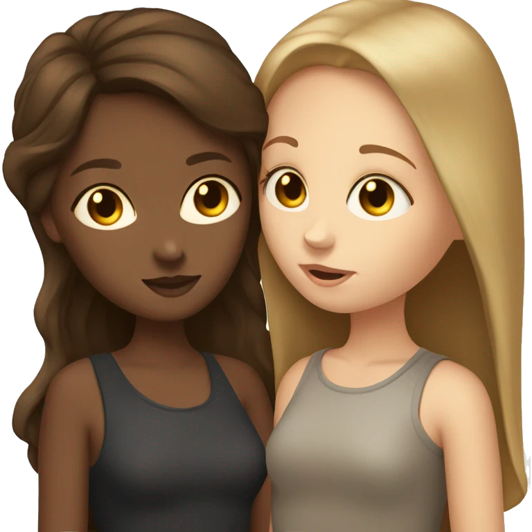 Short long haired dark skined girl kisses tall short brown haired white girl emoji