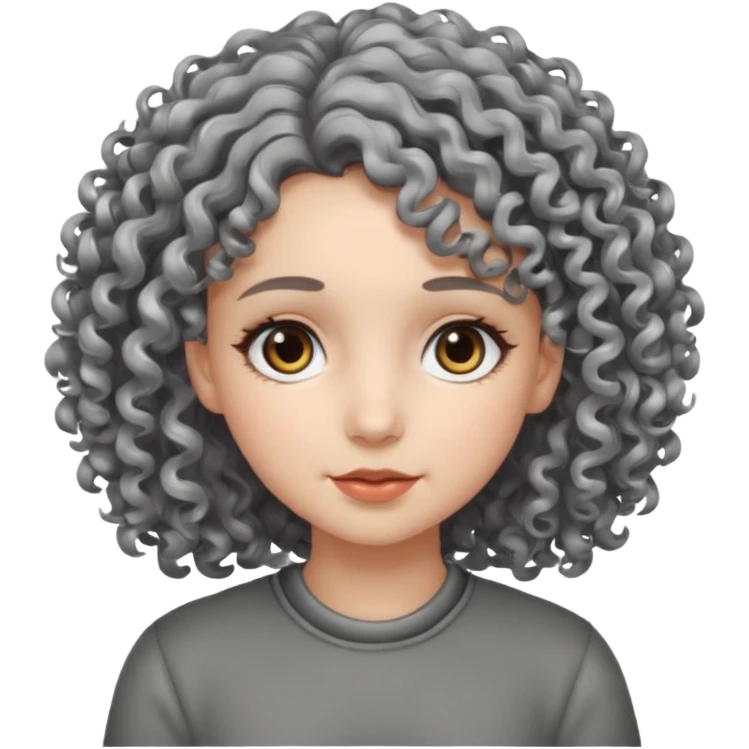 Fais une fille avec les cheveux bouclés gris brillants, avec des yeux qui sont vraiment gris foncés emoji