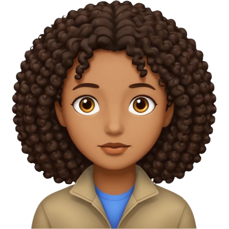 This is a cartoon-style avatar of a person with dark curly hair, brown skin, and a calm expression emoji